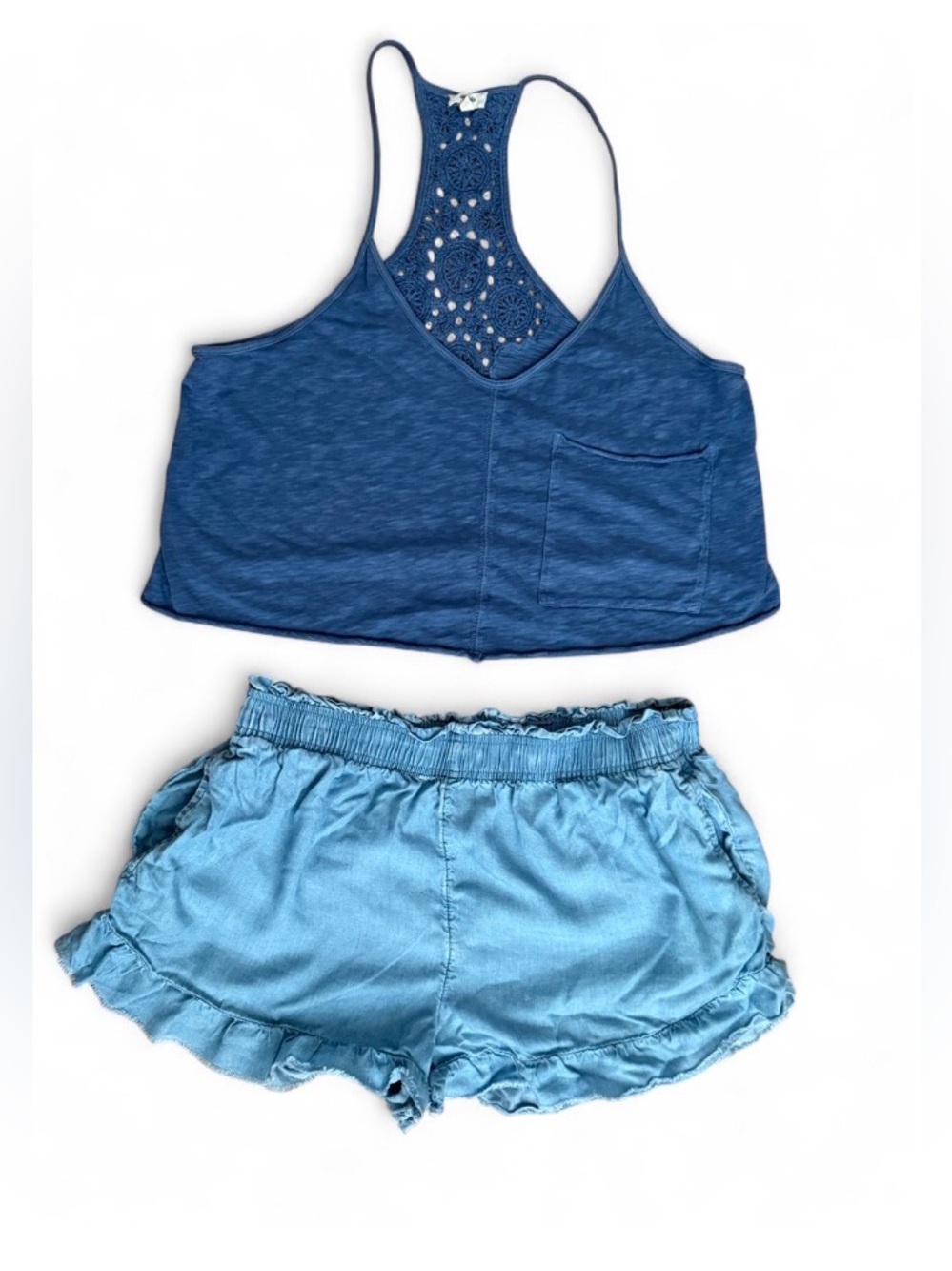 aerie Blue Crochet Racerback Tank with Light Blue Ruffle Shorts